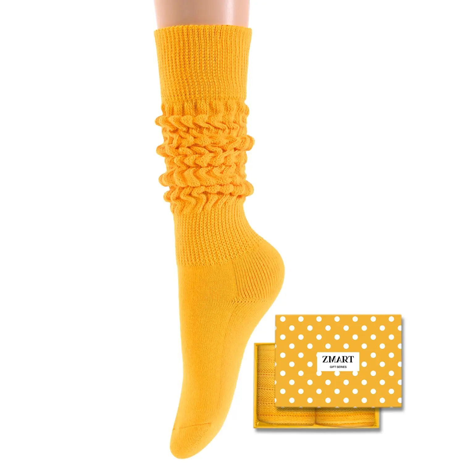 Zmart Funny Yellow Socks for Women Teen Girls, Yellow Slouch Socks, Yellow Scrunch Socks, Thick Long High Knit Socks, Gifts for the 80s 90s, Vintage Solid Color Socks