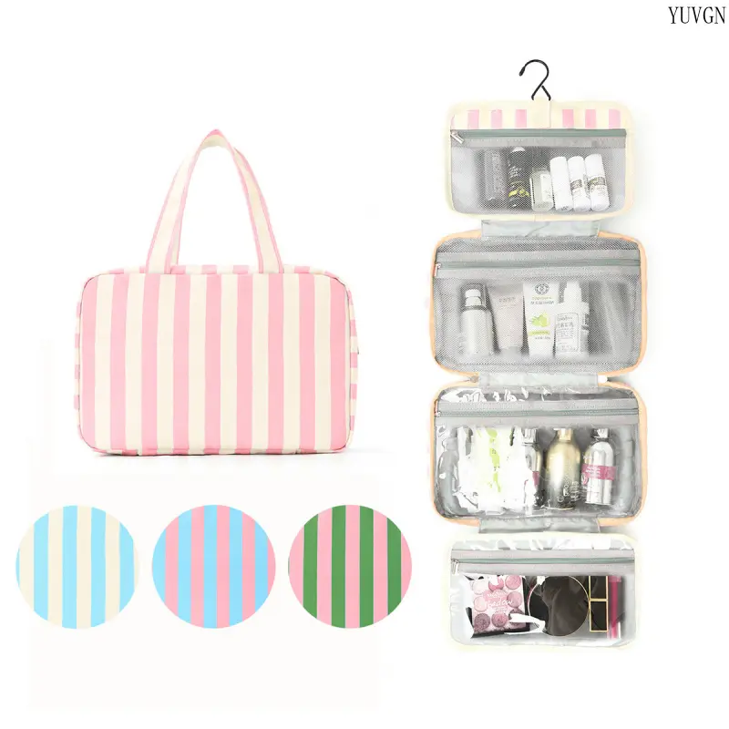 Portable Compact Polyester 4-Section Foldable Hanging Storage Organizer, Blue & Beige Striped Carry Pouch with Detachable Hook & Multi-Mesh Compartments, Built-In Organizer for Gym Toiletry/Makeup Accessories, Travel Overnight Trips