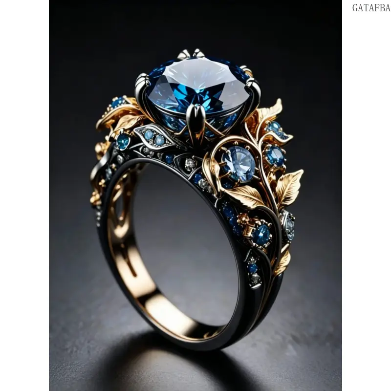 Vintage Blue Rhinestone Leaf Ring for Women, Elegant Design Party Jewelry, Unique Personality Ring for Special Occasions, Elegant Fashion Rings