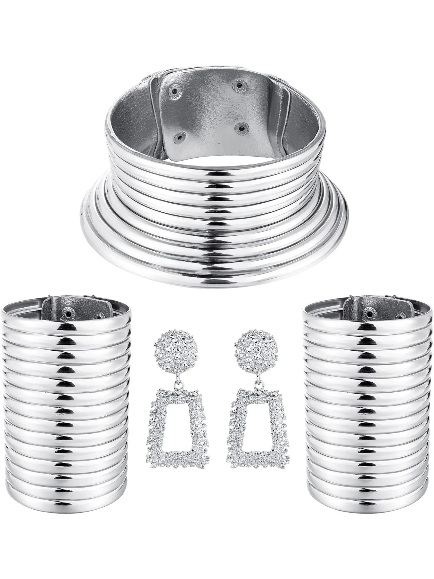 4Pcs Women’s African Ethnic Jewelry Set, Egyptian Style Silver Chunky Statement Choker, Complete Accessories with Leather Bangle & Earrings, Necklace And Earring Set