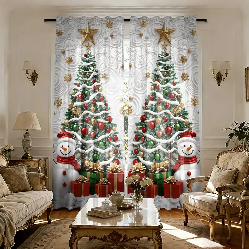 2-piece 2D relief white background Christmas tree and snowman gift printed semi-transparent curtains, suitable for Christmas decorations in living rooms, bedrooms and home interiors, easy to clean