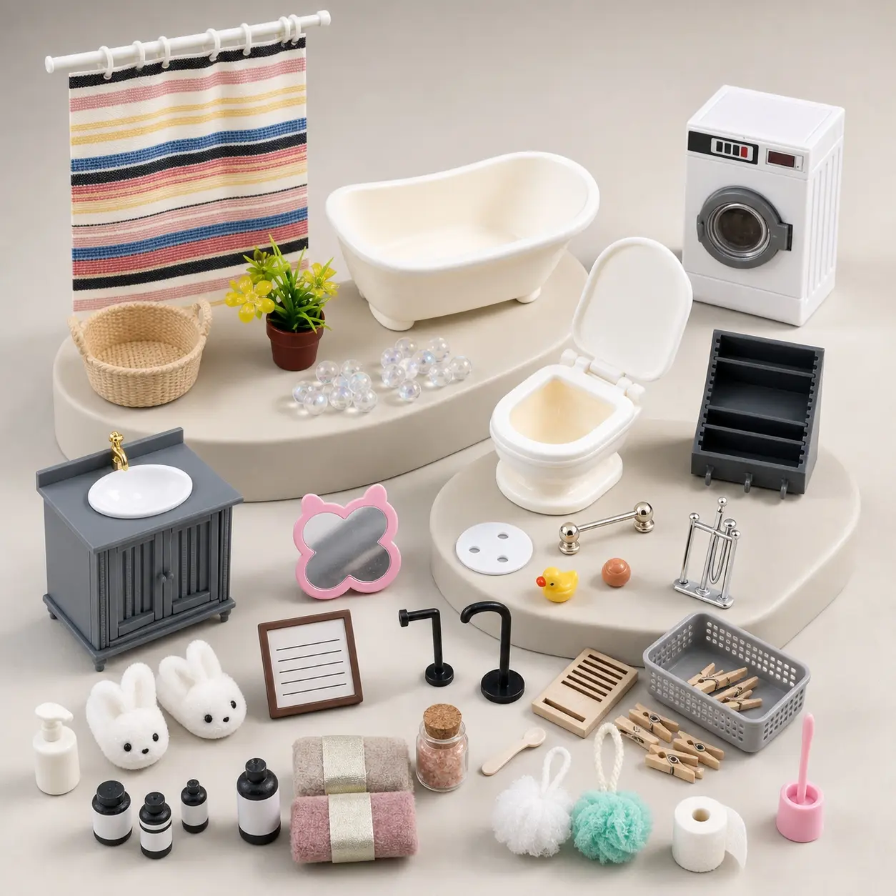 Miniature Dollhouse Bathroom Furniture and Accessories Assortment, Bathtub, Toilet, Vanity, Washing Machine and Shower Curtain for DIY Scenes
