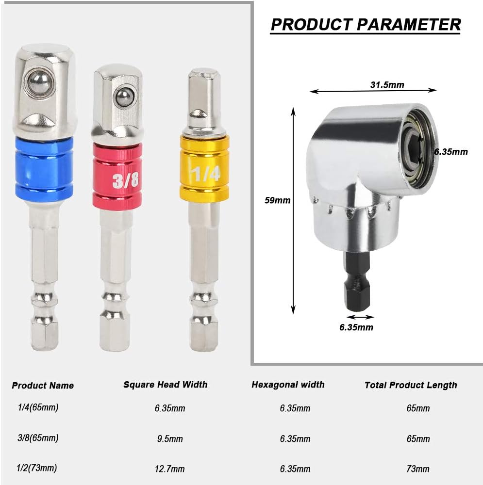 8Pcs 1/4" 3/8" 1/2" Cr-V Hex Shank Impact Grade Socket Adapter Extension Set & 105° Right Angle Drill Bit Adapter Attachment 1/4" Drive 6mm Hex Magnetic Bit Socket Screwdriver Holder Adaptor 8Pcs 1/4" 3/8" 1/2" Cr-V Hex Shank Impact Grade Socket Adapter Extension Set & 105° Right Angle Drill Bit Adapter Attachment 1/4" Drive 6mm Hex Magnetic Bit Socket Screwdriver Holder Adaptor