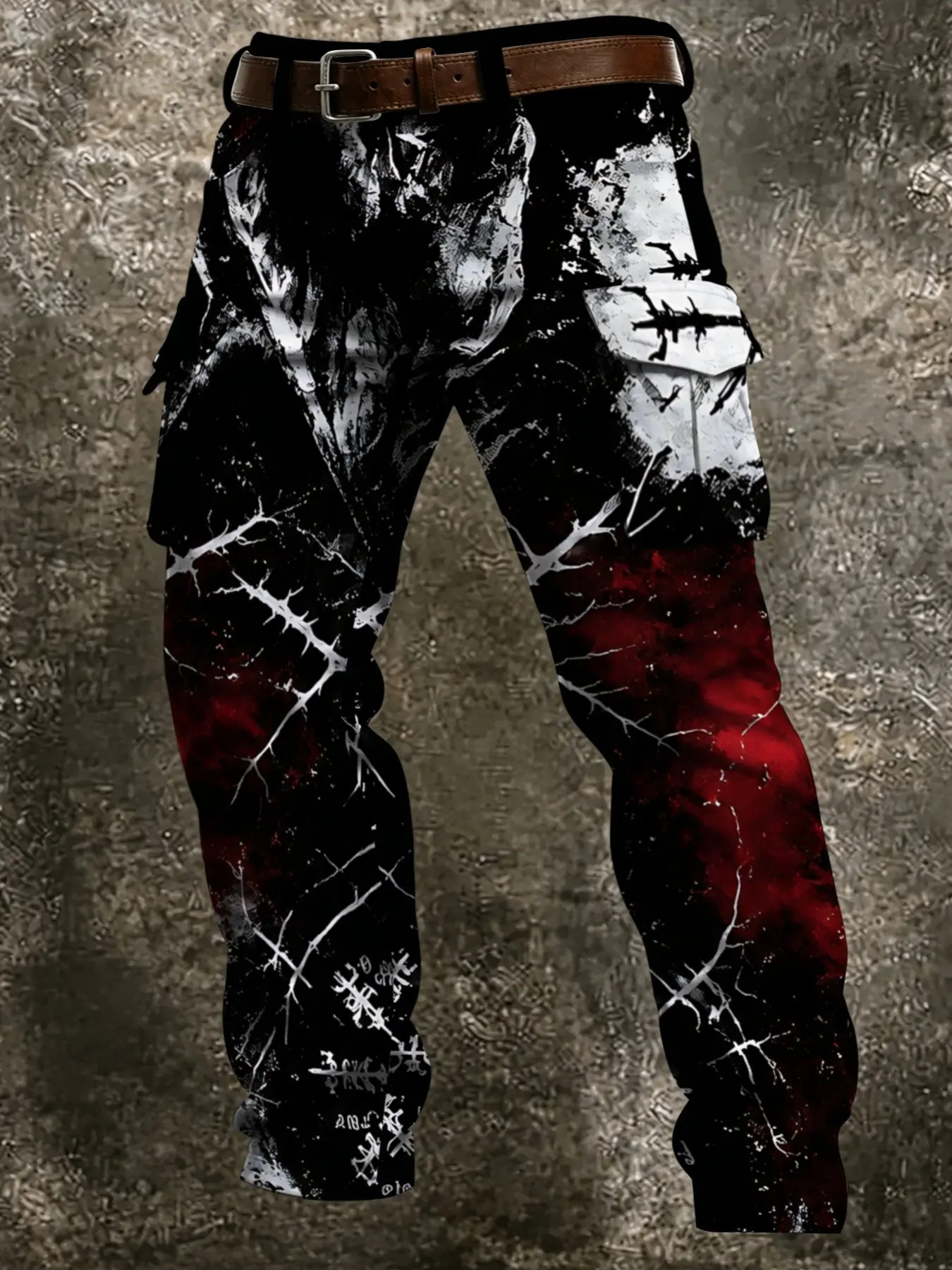 Men's Dark Thorn Demon Gothic Rune Print Work Pants, Men’s Red-Black Gradient Heavy Metal Punk Straight-leg Casual Pants