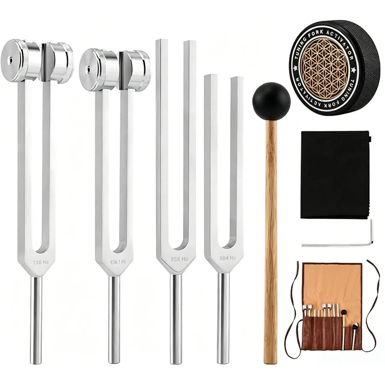 Tuning Forks for Healing Set,‌ Complete Healing Sound Set - 4-Tuning Forks (128Hz, 136.1Hz, 256Hz, 384Hz) + Accessories for Meditation, Yoga & Stress Relief‌