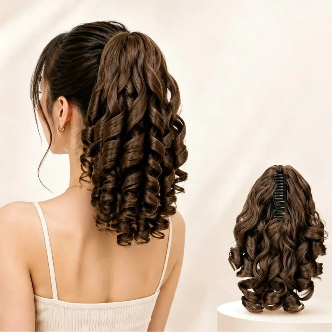 European and American Roman Curl Clip-In Wig Tail, Natural Fluffy Short Curly Hair, Seamless Fake Ponytail, Lazy No-Tie Hair for Parties and Daily Use
