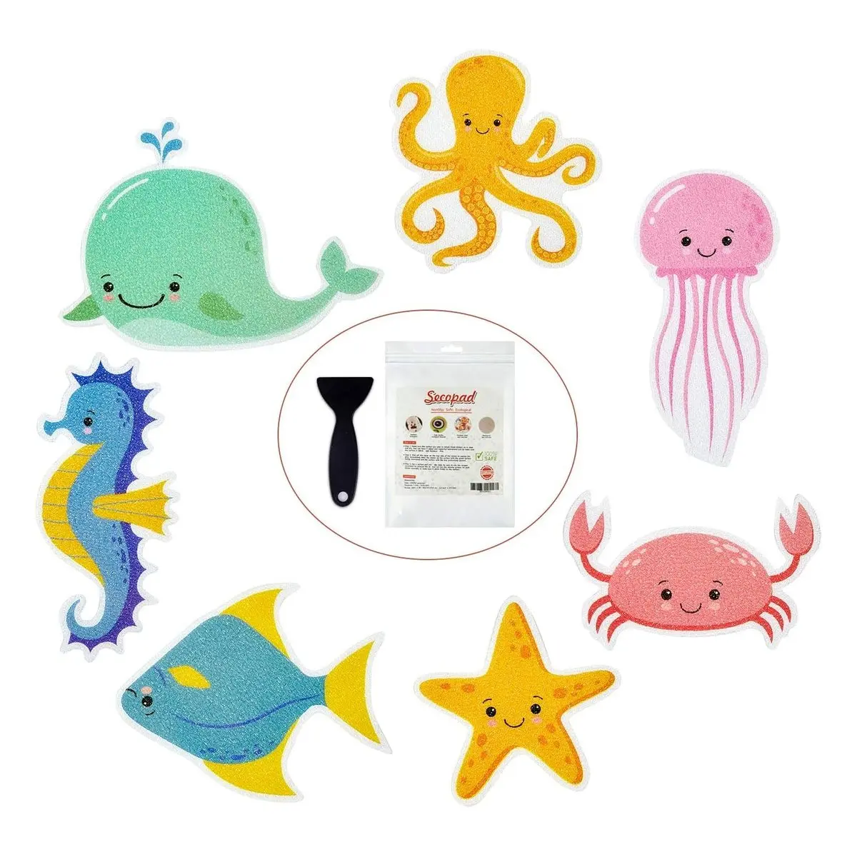 Non-Slip Silicone Bathtub Stickers Set, 14 Large Sea Adhesive Decals for Shower, Bathtub & Wall, Includes Premium Scraper for Kids' Safety