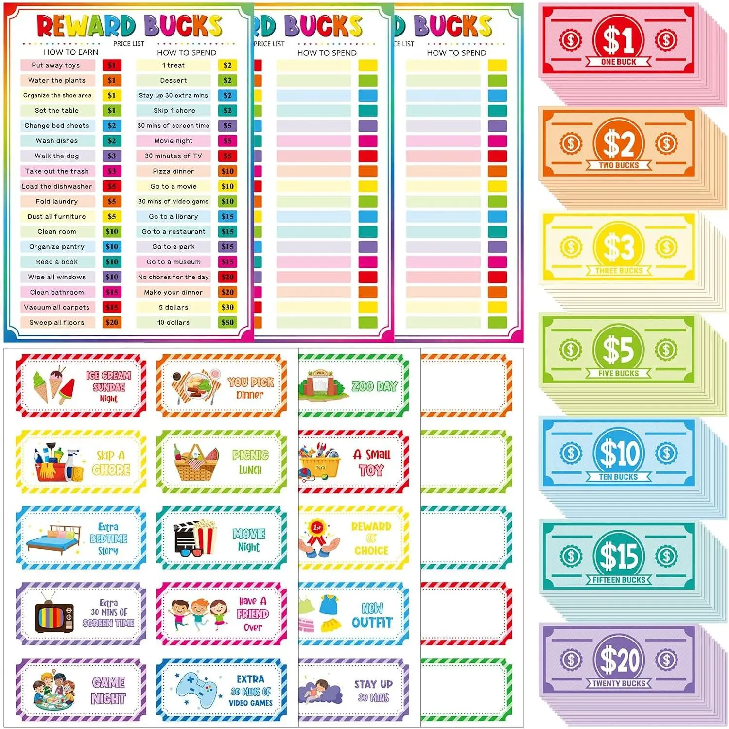 Bucks Chart for , 636 count Bright Color  Behavior  System Bucks List, Incentive Chores Chart at  Classroom, Routine Schedule Task Financial Literacy Board