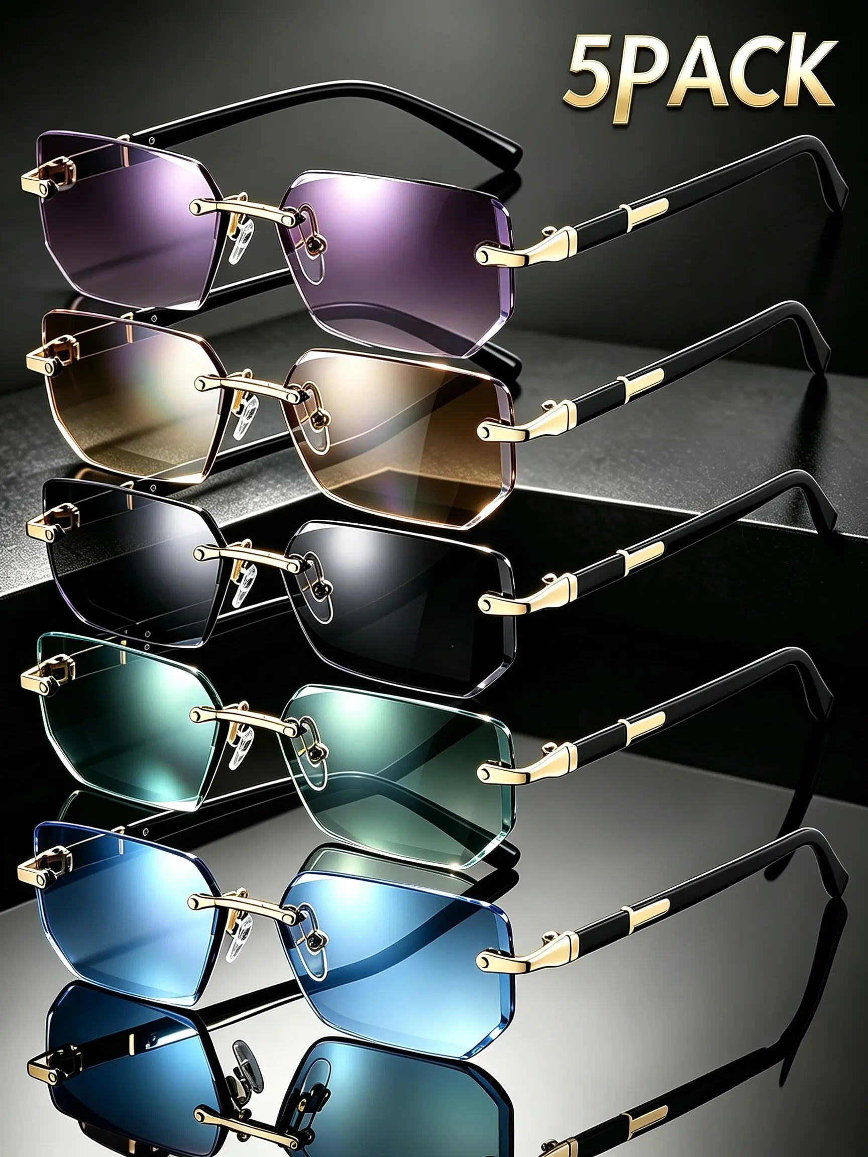 Men's Frameless Sunglasses Set of 5, Luxurious Metal Frameless Square Shades, Protective Driving Glasses