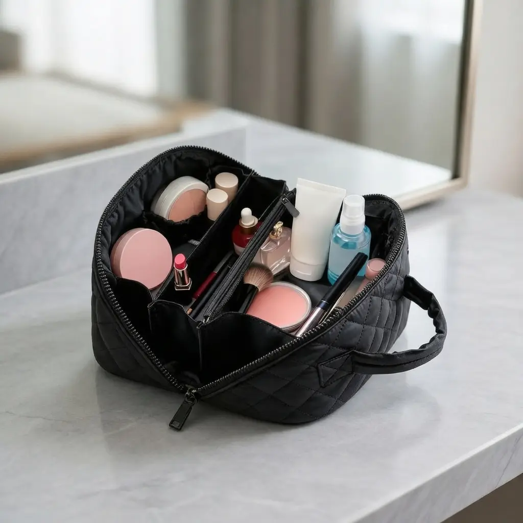 Plain Quilted Nylon Makeup Storage Organizer for Women, 180° Lay-Flat Travel Cosmetic Bag with 4 Pockets, Washable for Home & Gym Use, Multi-Compartment, Toiletry, Zip, 9.44"L X 5.11"W X 5.3"H, Durable, Practical, Foldable, High-Capacity, Machine Washable