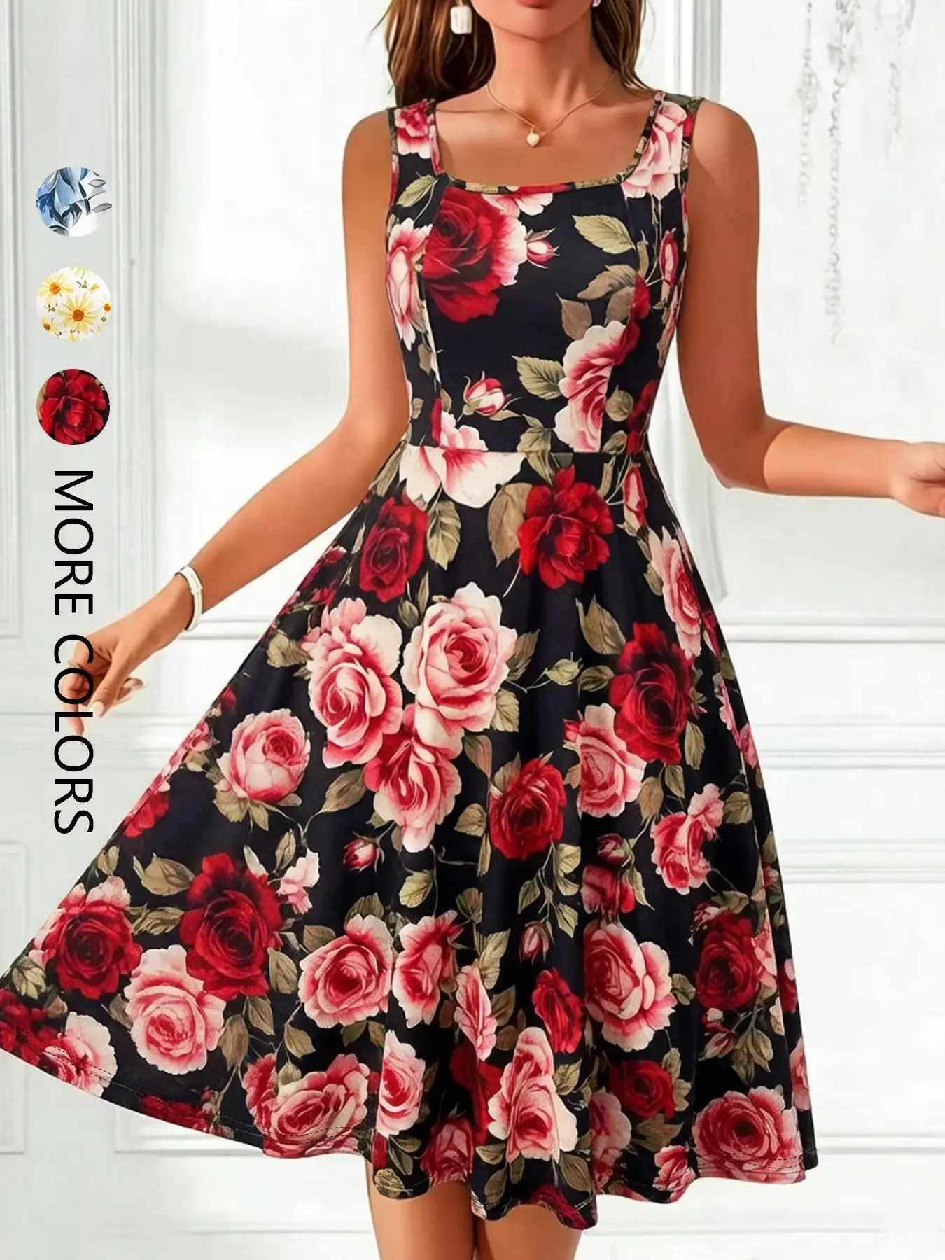 Square Neck Sleeveless Waist Cinched Boho Casual Comfy Vintage Floral Midi Dress, Knee-Length Spring Summer Elegant Casual Vacation Women's Dress, Stretchy Knit Printed Dress