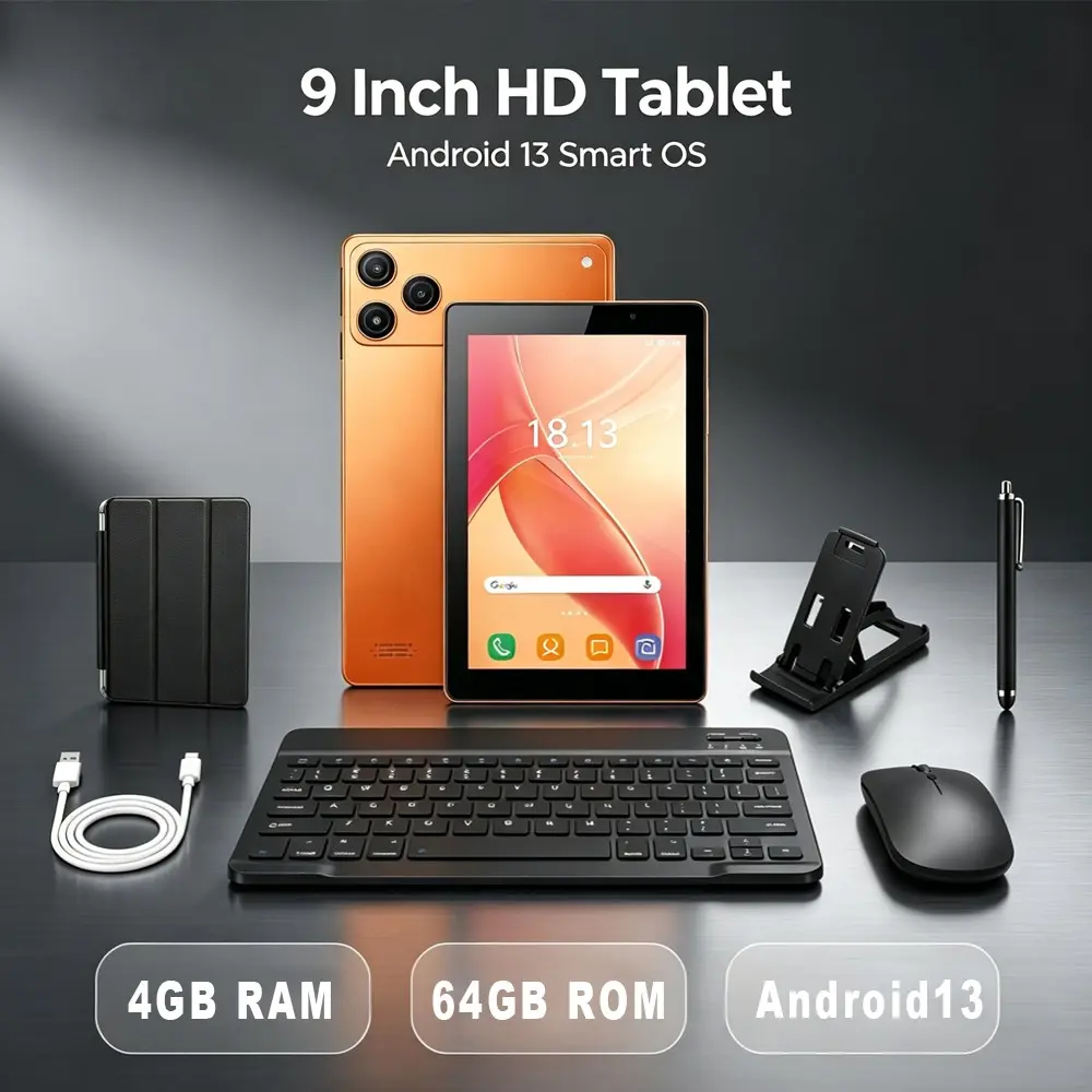 9 Inch HD IPS Touch Screen Tablet PC,Android 13 Smart OS,4GB RAM 64GB ROM WiFi Tablet,Complete Accessories Set With Keyboard Mouse Case Foldable Stand Stylus Pen,For Home Entertainment Online Classes Reading Document Editing Daily Office Use