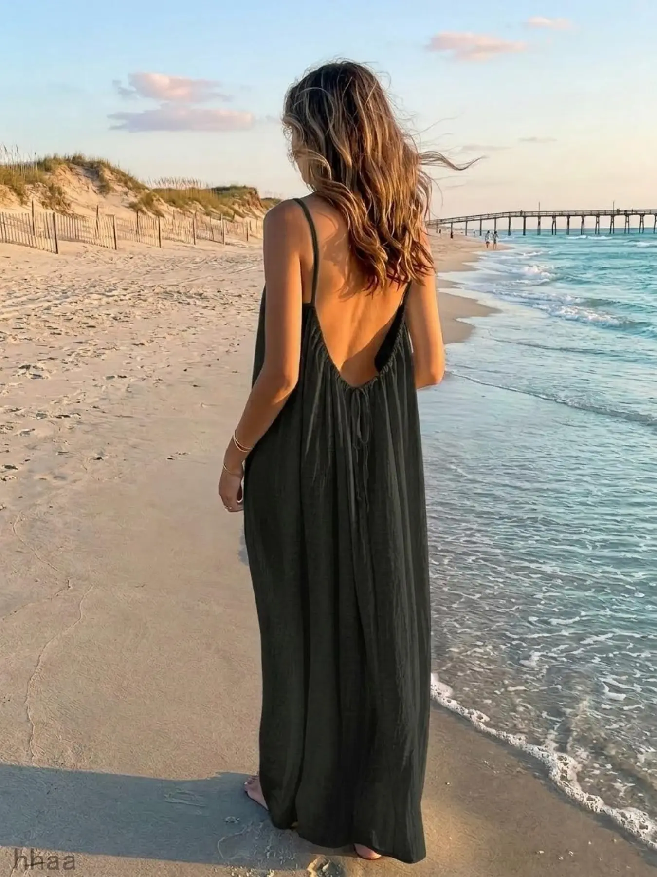 Summer Flowy Back Tie Strap Sleep Dress, Women's Thin Straps Breathable Casual Long Nightgown, Simple Romantic Open Back Home Wear