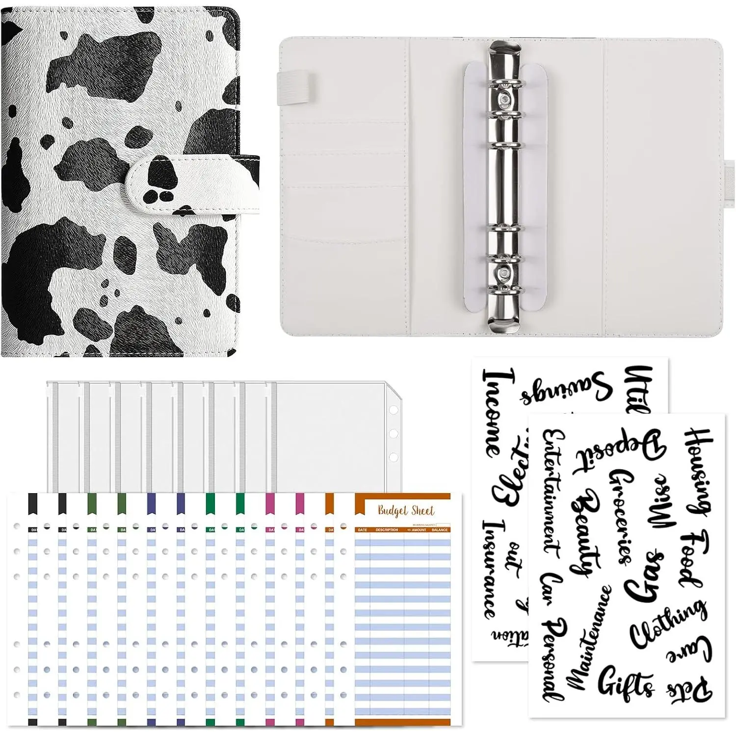 A6 PU Leather Budget Binder with Zippered Pockets & Envelopes, Leopard Print Cow Organizer for Expense Tracking, Includes 12 Expense Sheets & 2 Printed Labels
