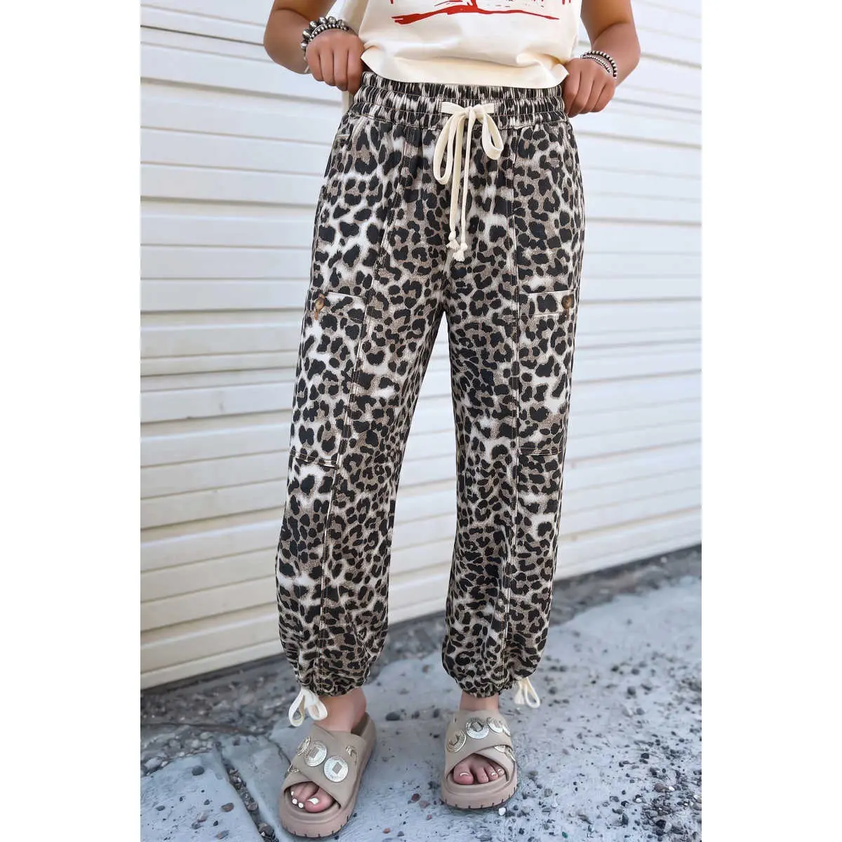 Black Leopard Print Drawstring Jogger Jeans