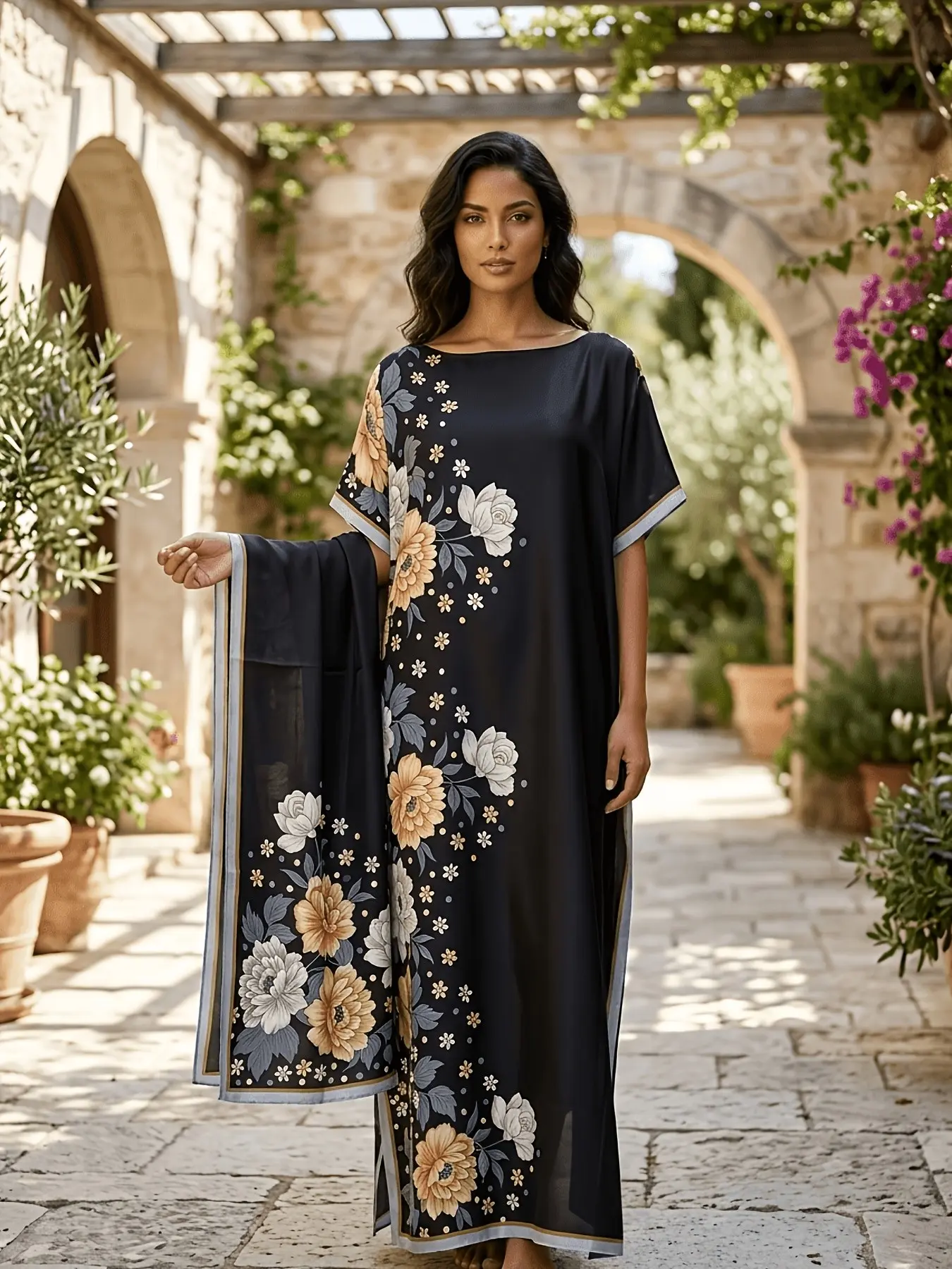 2-Piece Black Floral Silky Caftan Dress Set with Scarf, Women's Elegant Peony Print Maxi Dress, Loose Fit Plus Size Resort Wear