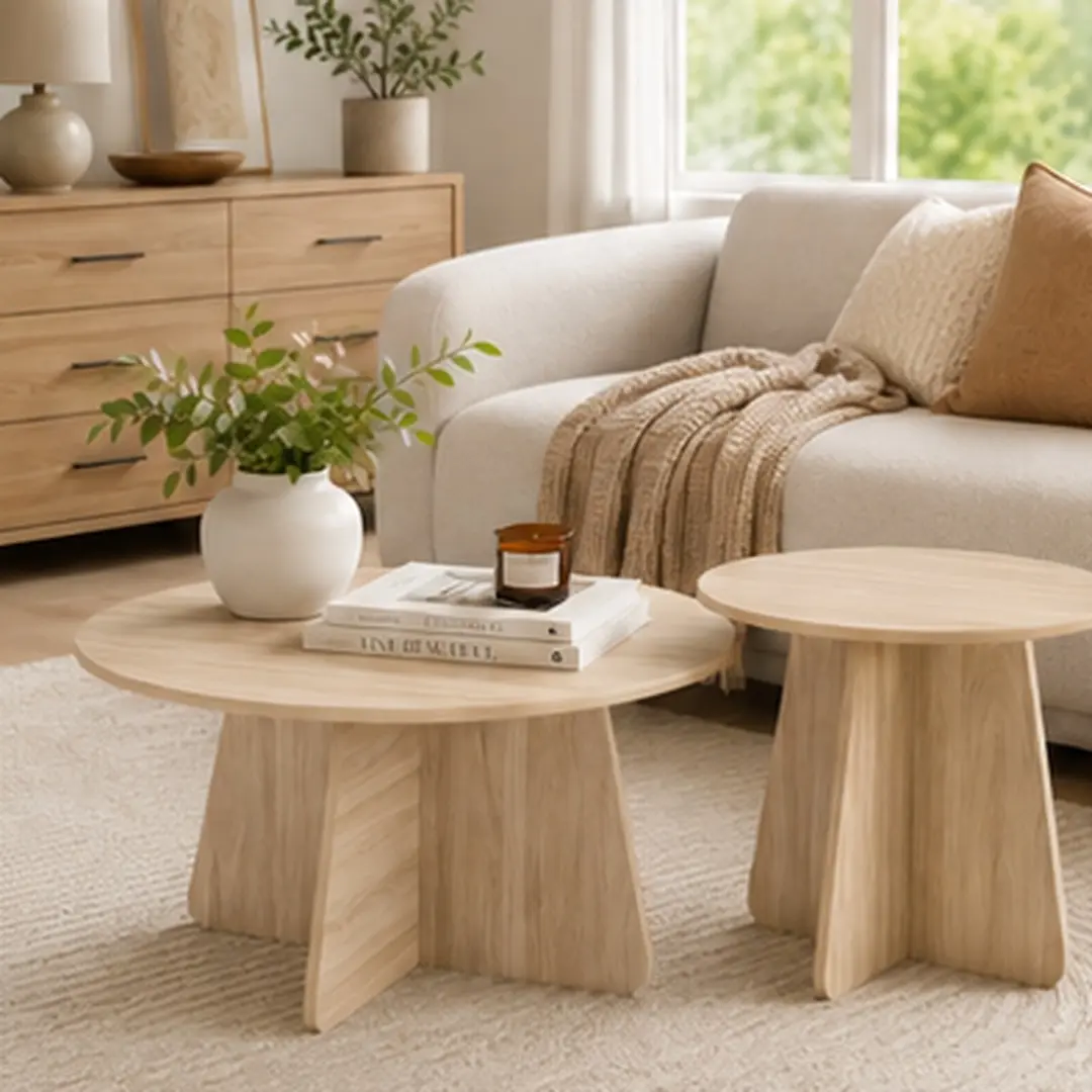 ARCH Retro Round Nesting Coffee Table Set 2-Piece Crisscross Legs MDF Wood Grain Living Room Side Tables Walnut/Natural Wood Options for Small Spaces, Walnut/Wood Color Options, MDF Material, Product Dimensions: Not Applicable W x Not Applicable D