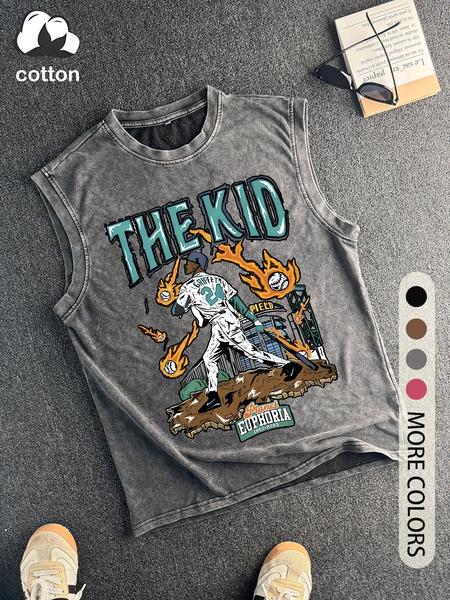 Men's Vintage Graphic Round Neck Tank Top, Regular Fit Casual Sleeveless Crew Neck Top for Summer, Men's Top for Daily Wear, Socks