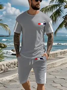 Men's 3D Digital Printed Two-Piece Set with Light Sky Blue Side Panels and Double White Vertical Stripes Tricolor Thin Labels, 2Pcs, Trendy Fashion Outfit, Retro Casual Two-Piece Suit, Vacation-Style Trendy Wear, Breathable Sports Casual Style, Perfect Ho