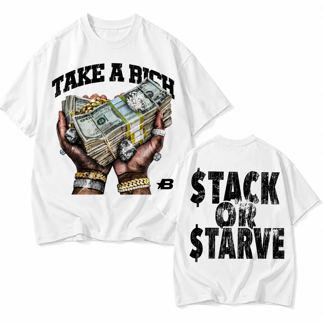 Unisex Double Sided Vintage Distressed Graphic T-Shirt, Wealth Hustle Hands Holding Cash Stack Retro Hip Hop Print, Oversized Cotton Motivational Money Mindset Urban Streetwear Tee