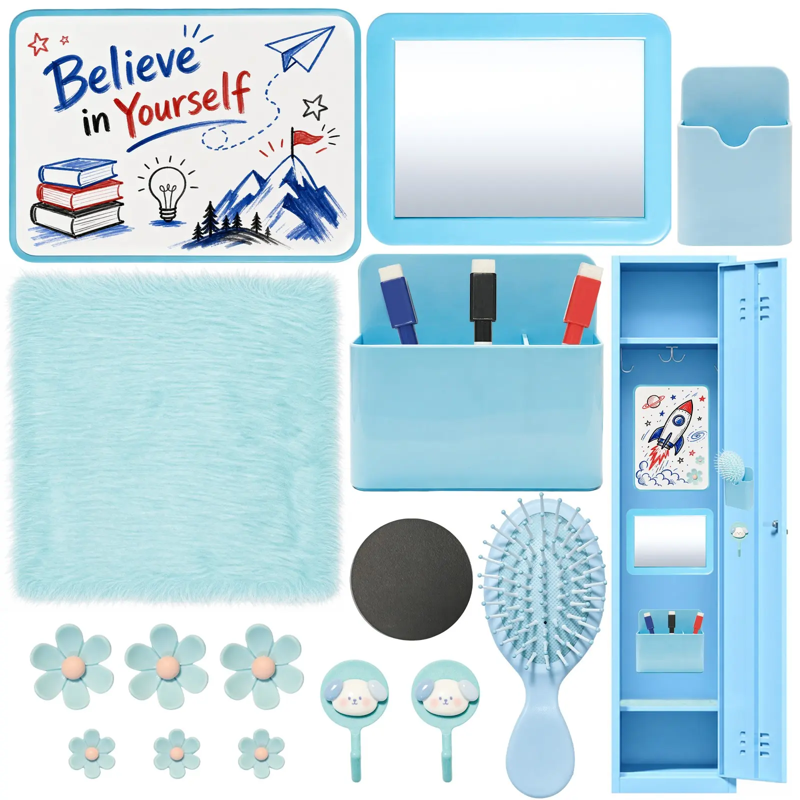 Blue Girl Storage Cabinet Accessories Kit, 17 Pieces School Storage Decor, Magnetic Whiteboard, Mirror, Hooks, Comb, Flower Magnets, Rug, Markers