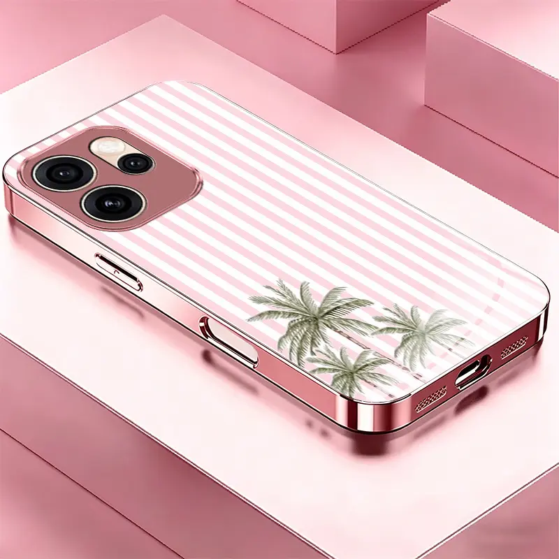 Pink and white vertical striped summer coconut tree for OPPO Reno6 Z/6 5G/6/5 Pro 5G/5 K/5 4G/4 Pro 5G/4 Pro/4 5G/4/3 Pro 5G/2 Z/2 F Reno series, Find X3 Lite/Find X2 Neo pink glass-textured phone case