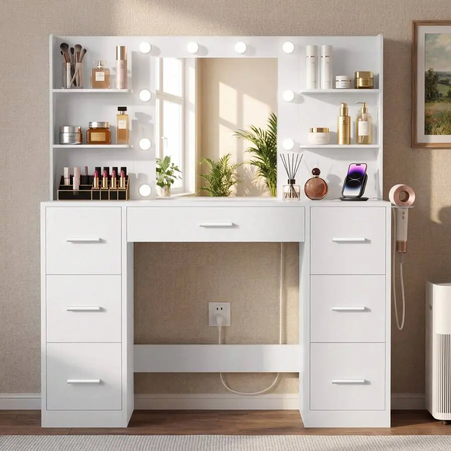 43.3 In W x 17.7 In D x 51.4 In H Makeup Vanity Desk - Vanity Desk with Mirror and Lights, Adjustable Color Changing Built-in LED Light Bar, Charging Station, 7 Drawers, Open Shelves, Hair Dryer Holder, Dual Functional Dressing Table, Adjustable Led Makeu