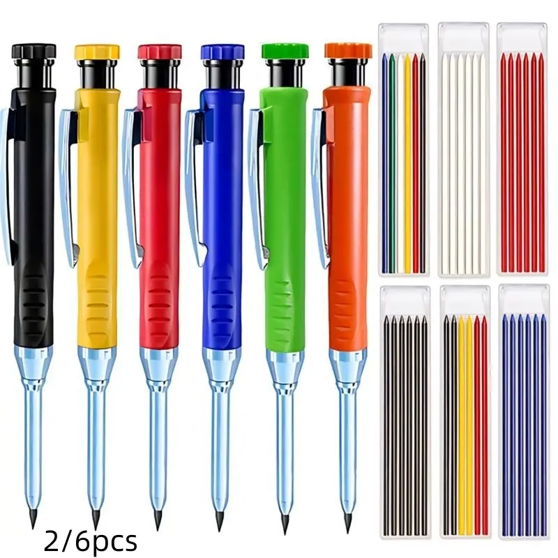 2/6Pcs Carpenter Pencils with 36 Pcs 2.8mm Refills Long Nosed Deep Hole Mechanical Pencil Construction with Built in Sharpener for Woodworking Drafting Architect Tool Mechanical Drawing Pencils, Drawing Supplies