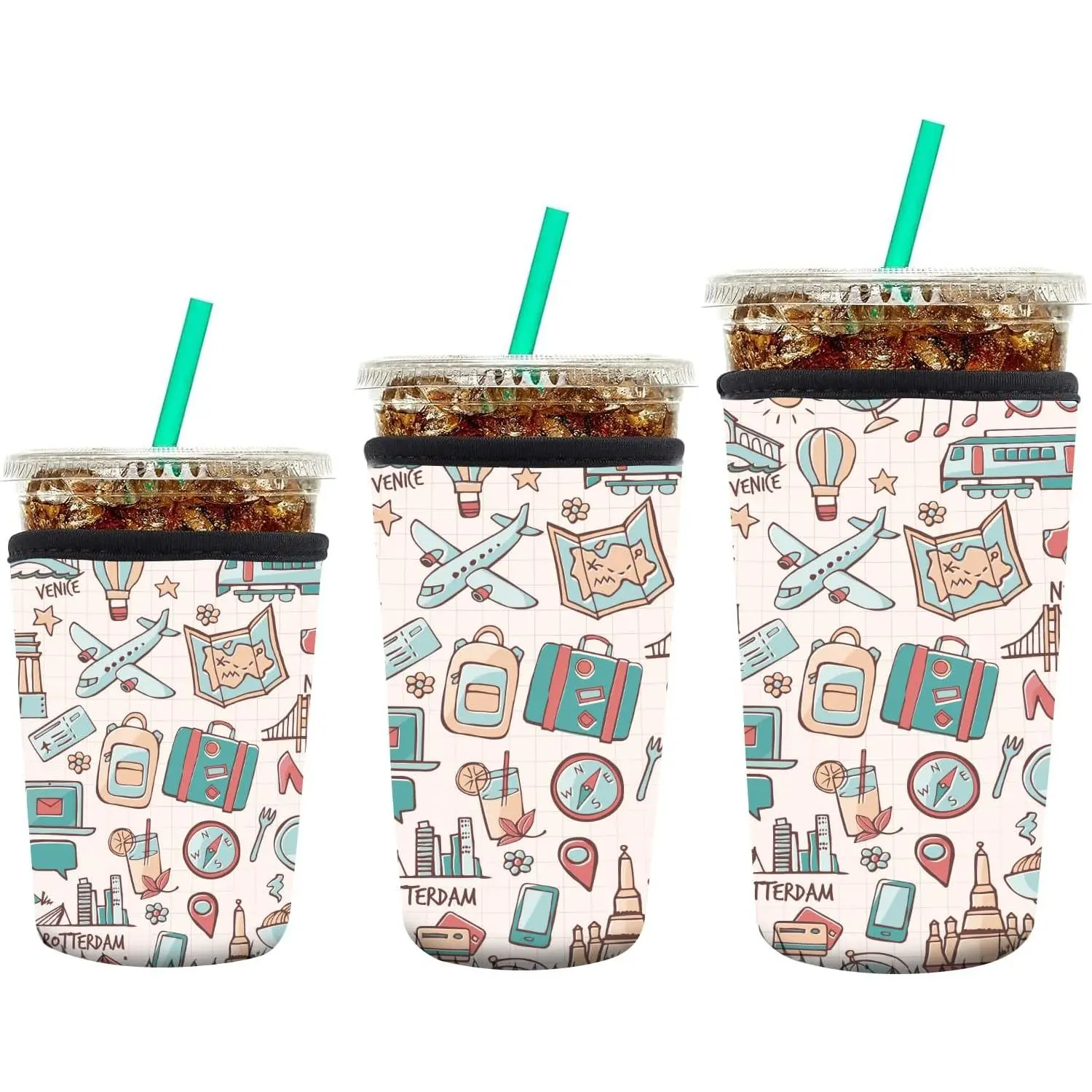 3 Pack  Neoprene Insulator Sleeve for Iced Coffee Cups, Funny Coffee Cup Sleeves for 16-32oz Coffee cups, Cute Drink Sleeve for Cold Hot Beverages Cute Plane