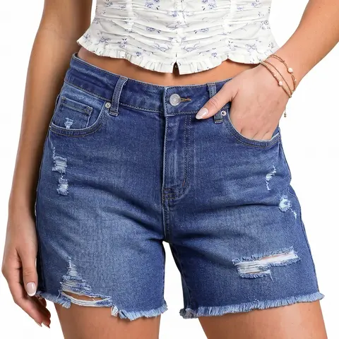 luvamia Jean Shorts Womens Summer Mid Rise Stretchy Ripped Denim Shorts Casual Mid Thigh Cut Off Jorts with Pockets