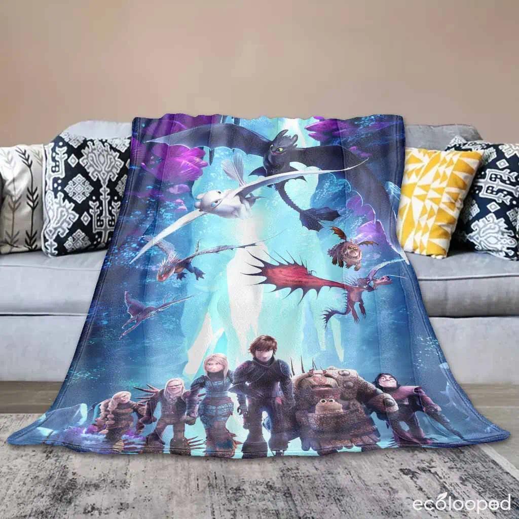 How to Train Your Dragon Flannel Blanket Toothless and Light Fury Fantasy Print UltraSoft Warm and Cozy Perfect for Movie Nights Home Decor Travel Unique Gift for Dragon Fans, Cozy Throw, Graphic Blanket, Aesthetic Decor, Plush Blanket, Comfortable Gift,