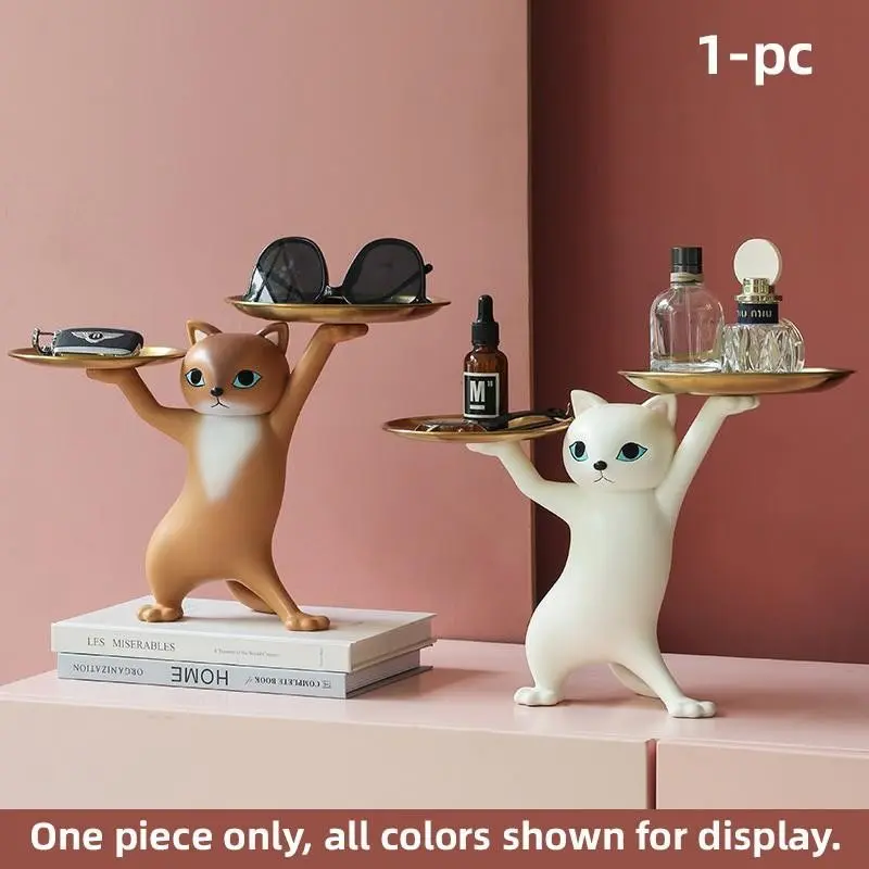 Resin Cartoon Dancing Cat Statue with Dual Layer Metal Tray, Animal Shape Key Organizer, Home Decor for Desk, Bedroom, Office, Gift