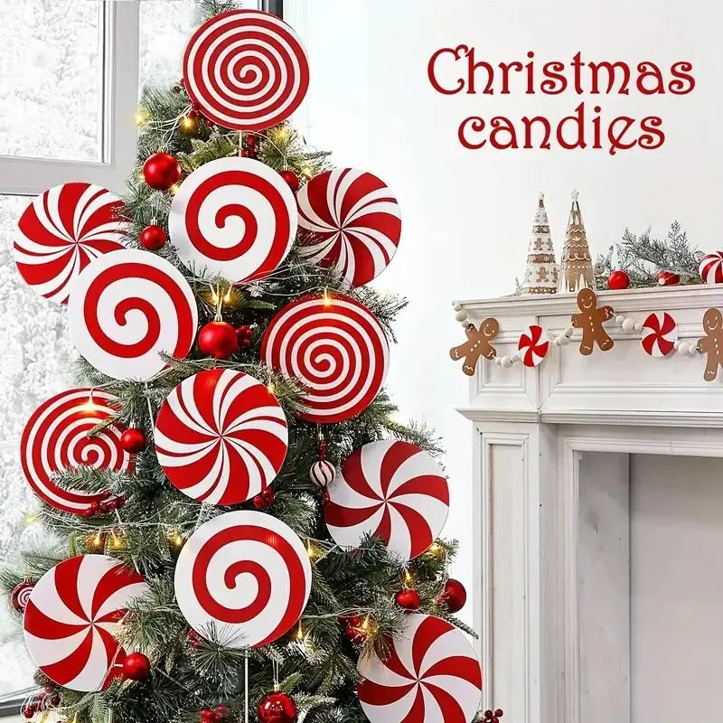 Festive Christmas Tree Topper & Ornament Set, 8 Large Candy Cane Swirls, Peppermint Sticks, Home & Office Decor, Holiday Essentials