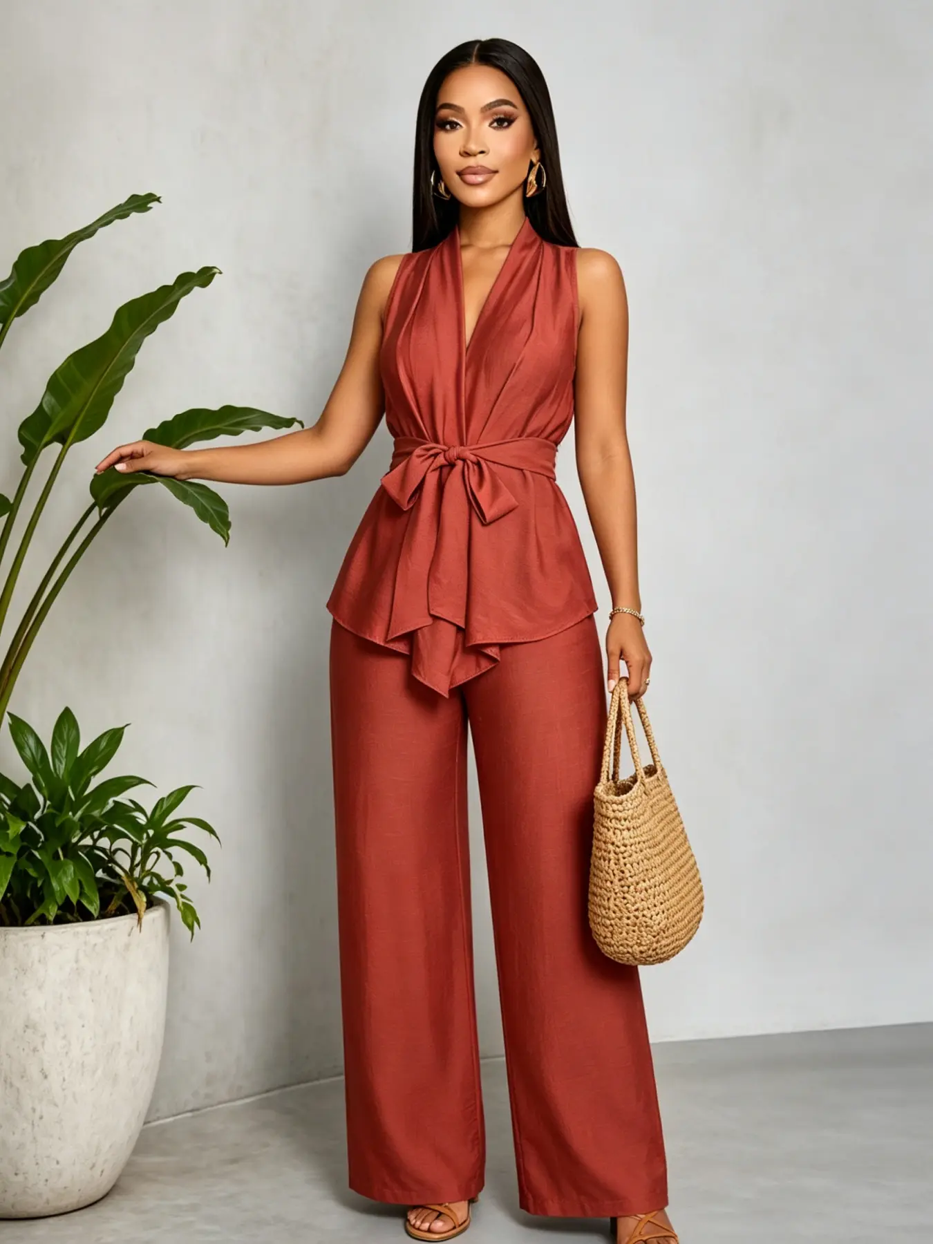 A women's fashionable rust brown satin V-neck sleeveless wide leg pants two-piece set, with a lotus leaf hem top paired with high waisted wide leg pants, suitable for commuting indoors and outdoors Pants Set Outfit