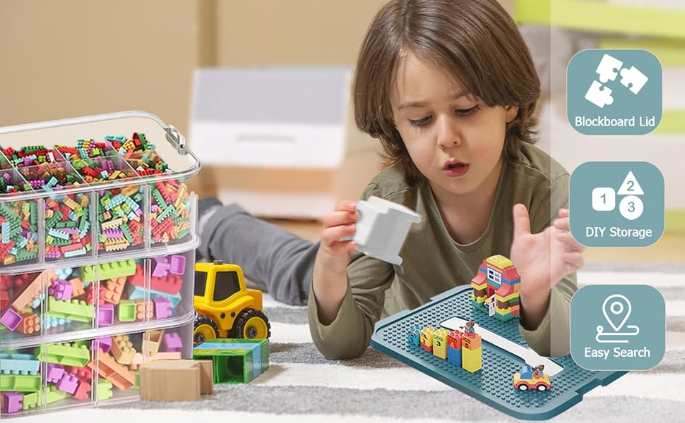 Plastic Storage Organizer for Lego Box Kids Child Toy Stackable Containers with Lids Bins 3 Layers Adjustable Compartments Building Blocks Chest Case