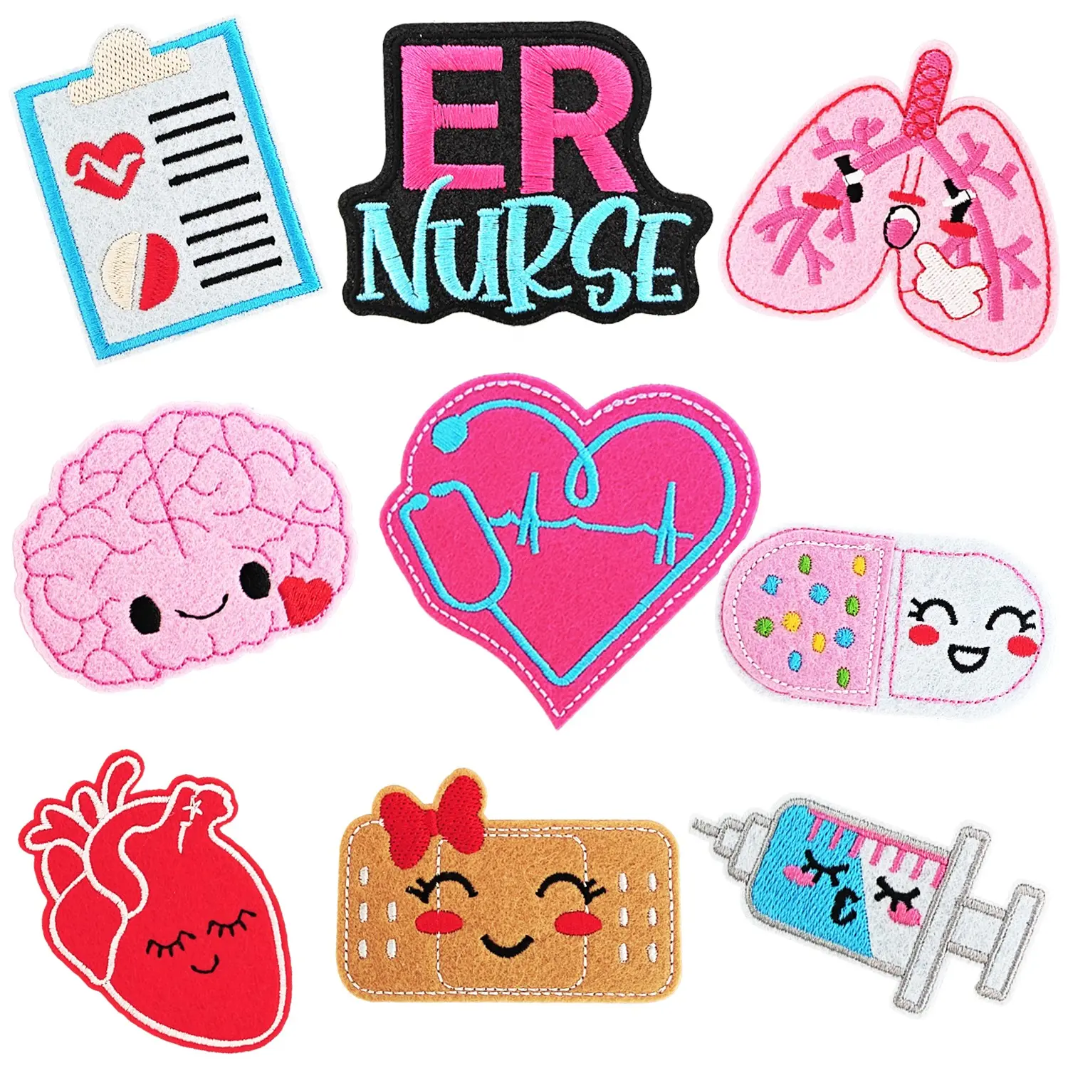 Cute Nurse Iron on Patches, 9 Pcs/Set ER Medical Embroidered Patches, Perfect for Nurses to DIY Decorate on Clothing, Denim Jackets, T-Shirts, Backpacks