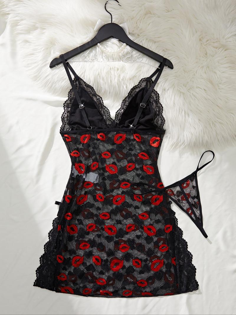 Women's Lip Print Lace Trim Cami Nightdress & Thong Sexy Lingerie Set, Comfy Breathable Nightgown & Panty Set, Women's Sleepwear & Loungewear Set, Sleeveless Nightgown Women's Lip Print Lace Trim Cami Nightdress & Thong Sexy Lingerie Set, Comfy Breathable Nightgown & Panty Set, Women's Sleepwear & Loungewear Set, Sleeveless Nightgown