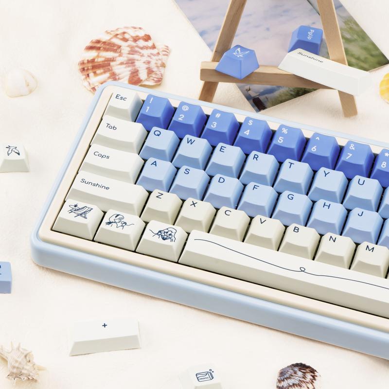 Blue White PBT Keycaps, MOA Profile, Custom Keyboard Keycap, Minimalist Style Dye Sub Keycaps, 130 Keys Anime Keycap Set for Cherry Gateron MX Switches Gaming Keyboard