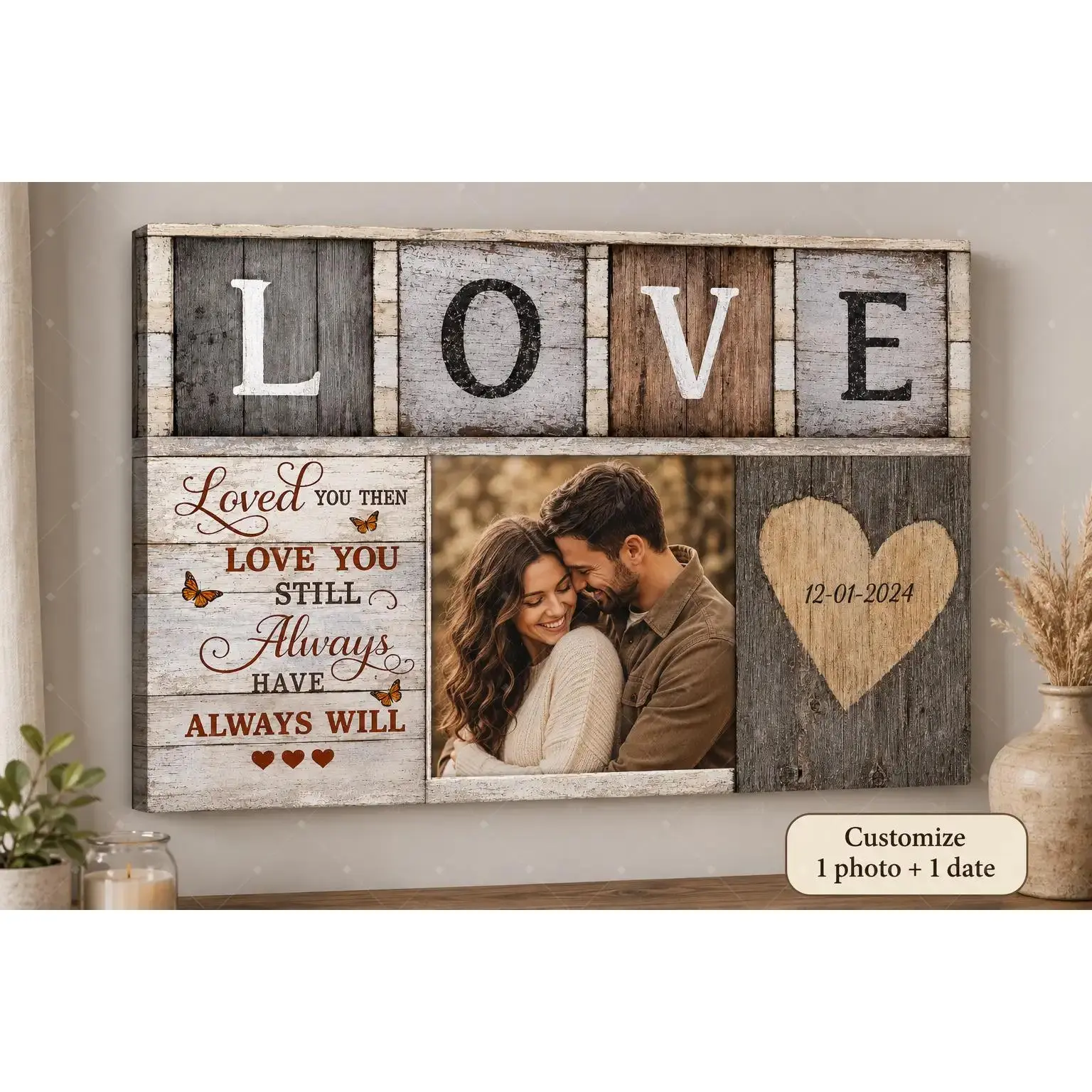 Personalized Rustic Wood LOVE Photo Canvas Wall Art, Custom Couple Picture Poster Print With Custom Date, Vintage Farmhouse Bedroom Living Room Entryway Decor Poster Print, Anniversary Wedding Valentine Engagement Housewarming Gift, Unframed Canvas Poster