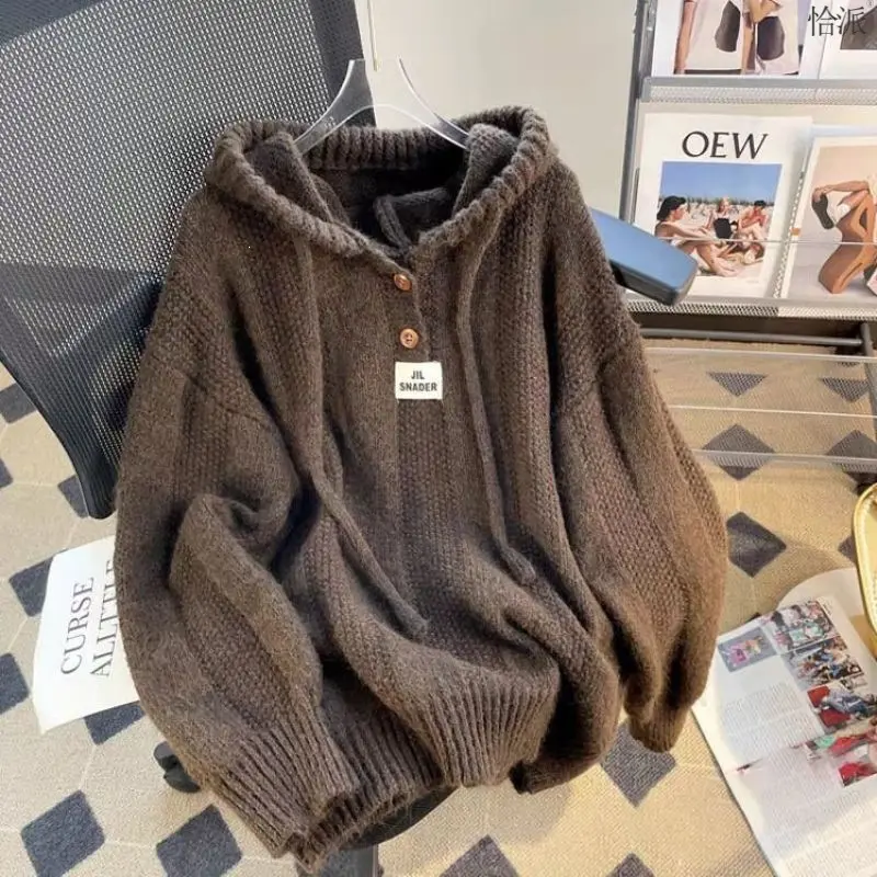 Women’s Oversized Knit Hoodie Sweater, Cream Chunky Textured Pullover with Drawstring Hood & Button Neck, Loose Fit Long Sleeve Ribbed Hem Casual Fall Winter Sweater for Daily Wear, Travel, Lounge & Streetwear