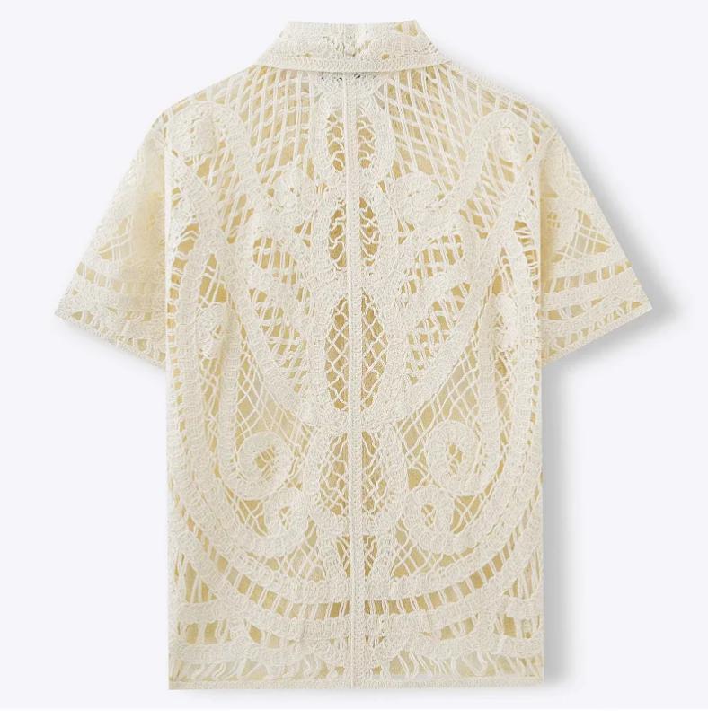 Kyn Apparel 2026 Summer Ethnic Florals Crochet Short Sleeve Casual Hollow Out Knit Shirt Men Vintage Knitting Polo Shirts Male Polo Cardigan