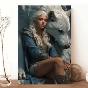 2D Flat, 1pc Wooden Framed Canvas Art Print - Ethereal Woman with Long White Hair & Majestic Wolf Fantasy Wall Decor, Vertical Modern Classic Art Deco Style for Living Room, Bedroom, Bathroom, Kitchen, Dorm - Ready-to-Hang Holiday Gift, Canvas Wall Art Re