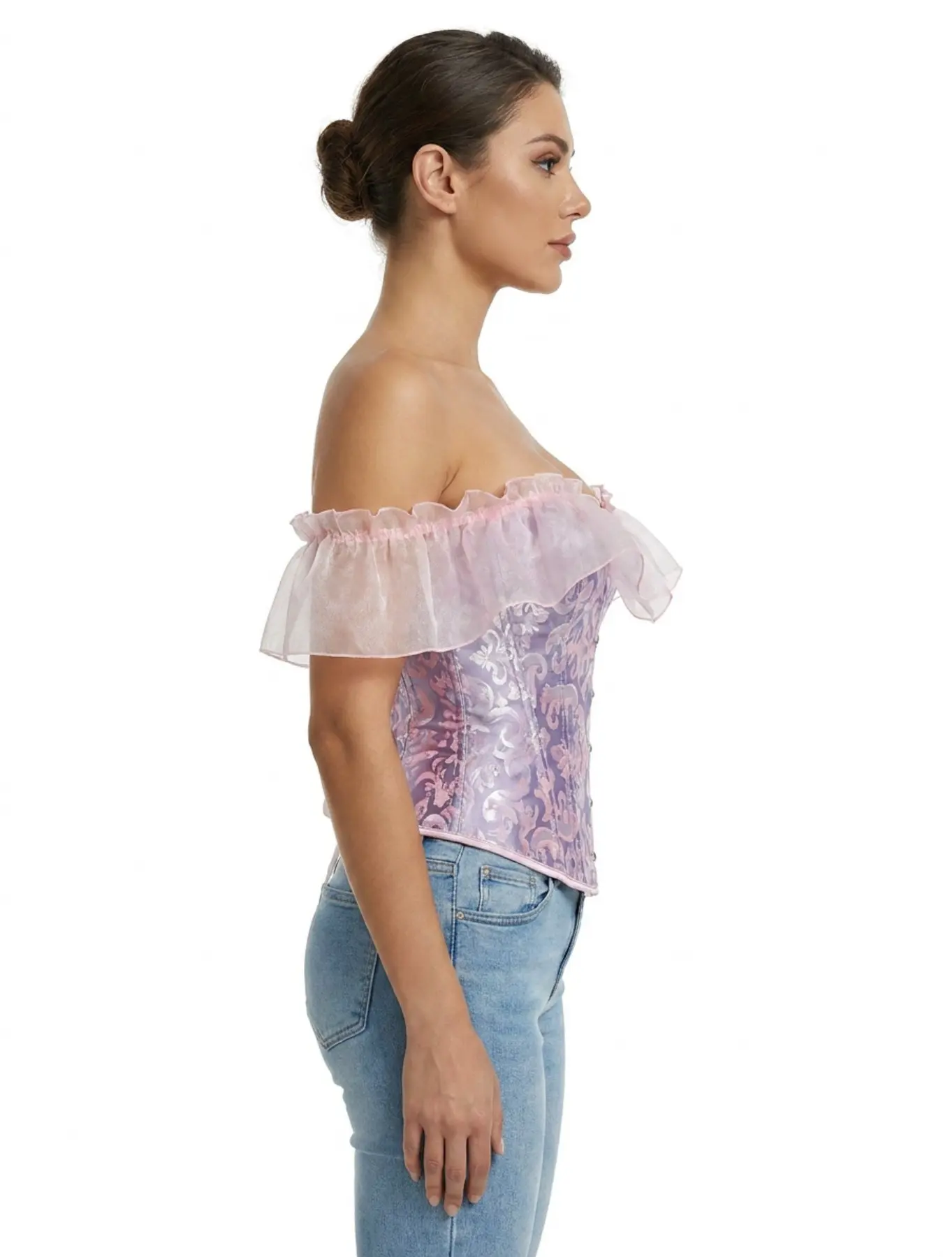 Vintage Off the Shoulder Ruffle Corset Top, Feminine Purple Floral Brocade Overbust Bustier with Lace-Up Back, Renaissance Victorian Style Sexy Lingerie for Women