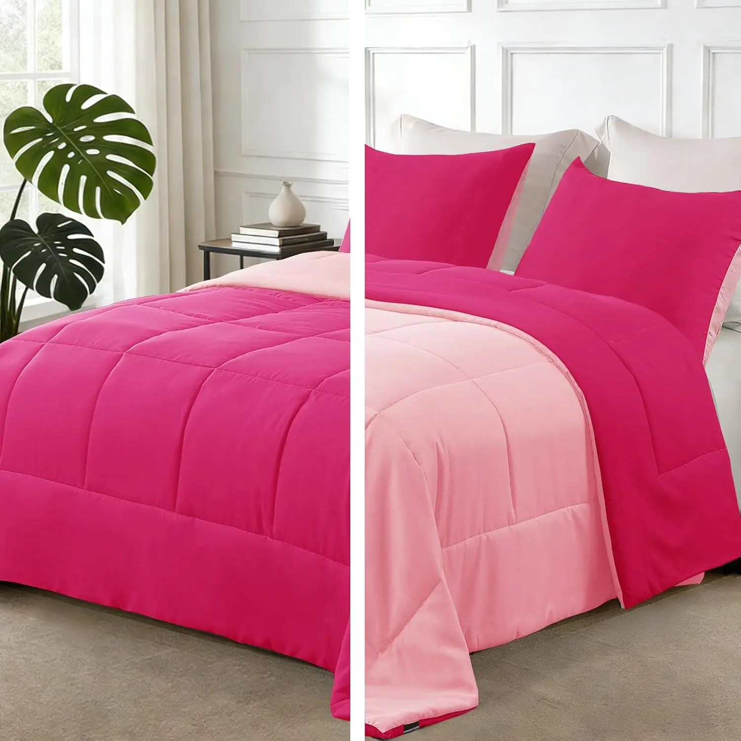 Reversible Soft King Comforter Set, 3 Pieces| Hot Pink/ Bright Pink Lightweight Microfiber Down Alternative Comforters, All-Season Bedding with 2 Pillow Shams