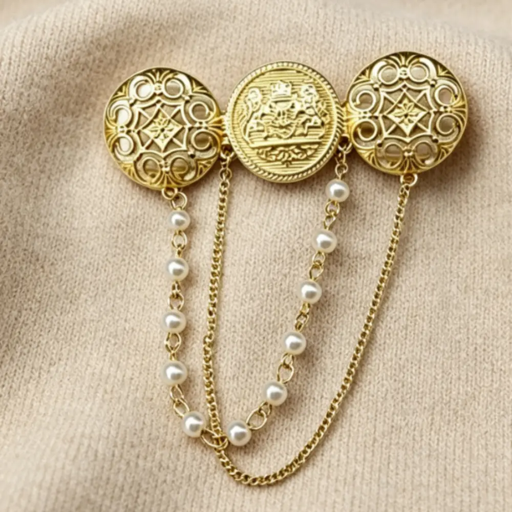 Triple Round Embossed Coin Pearl Tassel Gold Brooch Unisex Vintage Court Lapel Pin Gift