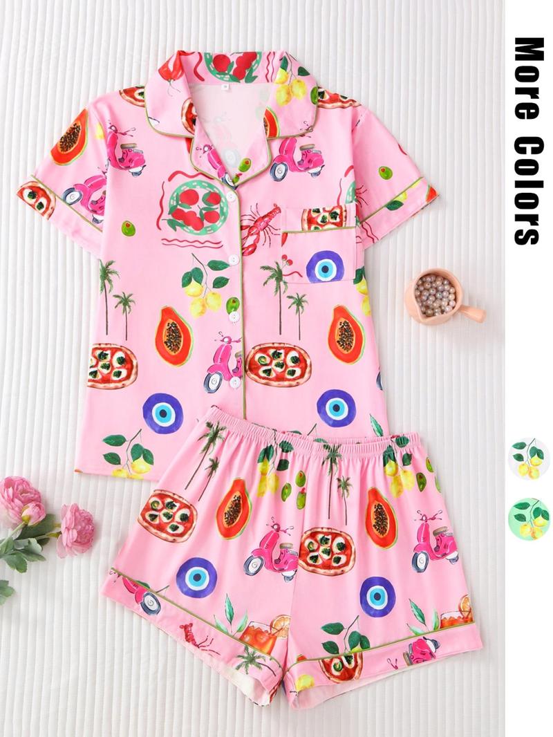 Women's Fruit Print Shirt & Elastic Waist Shorts Pyjama Two-piece Set, Casual Comfy Short Sleeve Top & Shorts PJ Set, Matching PJ Set, Ladies Sleepwear for All Seasons