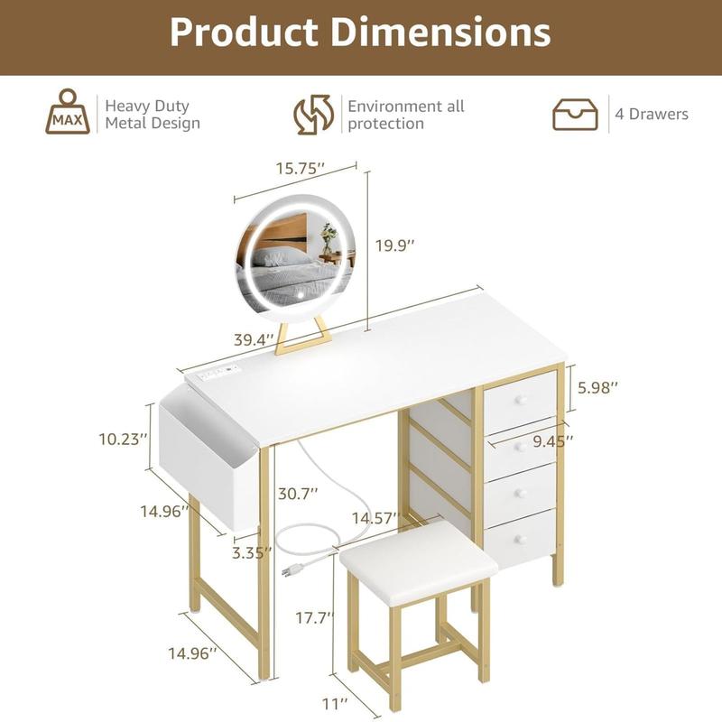 Gold Vanity Desk with Mirror and Light- Makeup Vanity Set Table with Chair, Storage, Lighted Mirror, 4 Large Fabric Drawers & Power Outlet, Dressing Table Vanities for Girls Bedroom, Get Free Gift