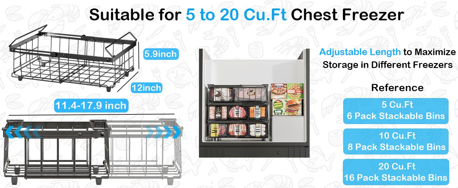 Freezer Organizer Bins, 2 Pack Expandable Stackable Chest Deep Freezer Organizer Bins, Foldable Freezer Baskets with Handles, Freezer Bins for 5 - 20 Cu.Ft Deep Freezer, Black
