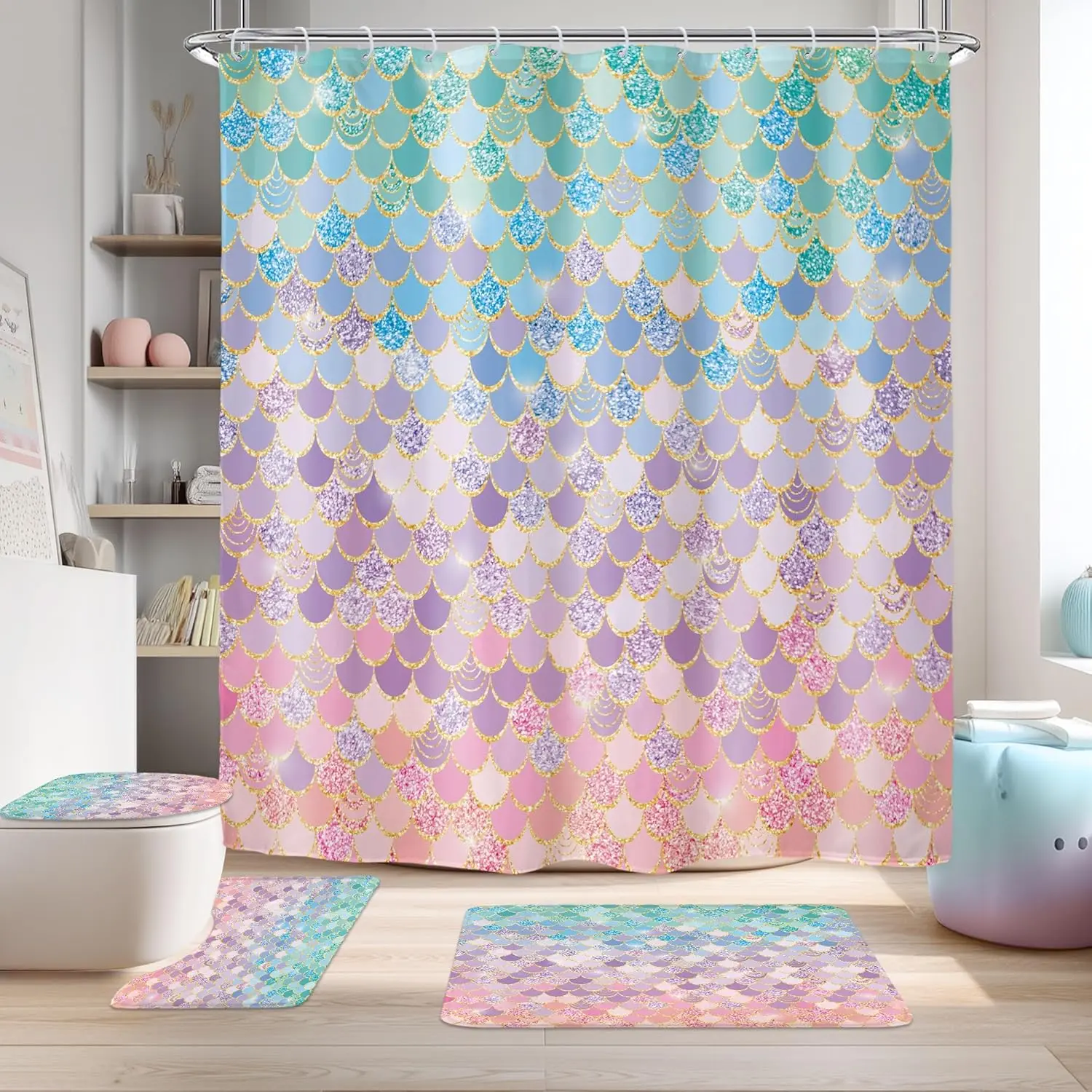 Riyidecor Mermaid Scales 4Pcs Bathroom Shower Curtain Sets Kids Pink Girls Ocean Sea Sparkly Iridescent Bathroom Decor Set with Rugs and Accessories Toilet Lid Rug, Contour and Bath Mat with 12 Hooks
