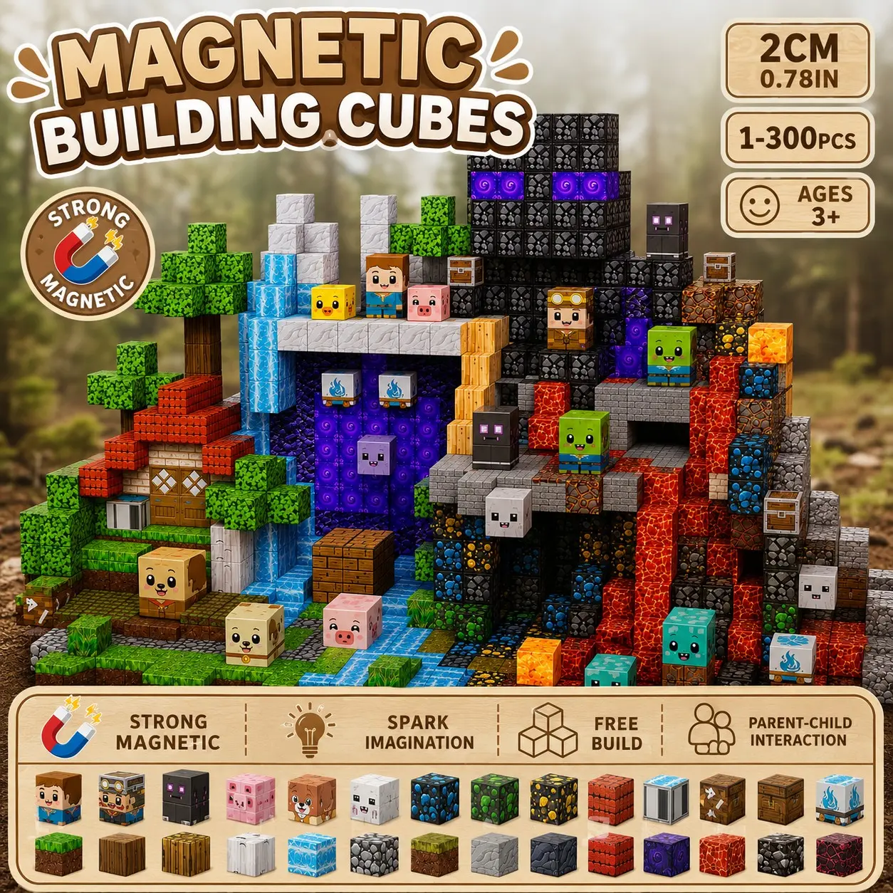 200-300pcs Magnetic Building Blocks Toy, DIY Cube Stem Sensory Playset, Perfect Gift for Kids Ages 3-10, Christmas Birthday New Year Halloween